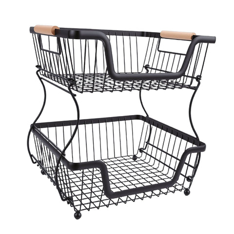 2 Tier Fruit Basket for Kitchen Counter Countertop Metal Bread Basket with Wooden Handle for Vegetables Snacks Eggs Black