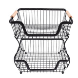 2 Tier Fruit Basket for Kitchen Counter Countertop Metal Bread Basket with Wooden Handle for Vegetables Snacks Eggs Black