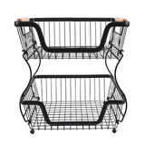 2 Tier Fruit Basket for Kitchen Counter Countertop Metal Bread Basket with Wooden Handle for Vegetables Snacks Eggs Black