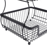2 Tier Fruit Basket for Kitchen Counter Countertop Metal Bread Basket with Wooden Handle for Vegetables Snacks Eggs Black
