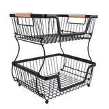 2 Tier Fruit Basket for Kitchen Counter Countertop Metal Bread Basket with Wooden Handle for Vegetables Snacks Eggs Black