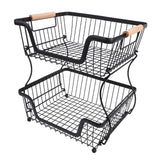 2 Tier Fruit Basket for Kitchen Counter Countertop Metal Bread Basket with Wooden Handle for Vegetables Snacks Eggs Black
