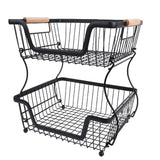 2 Tier Fruit Basket for Kitchen Counter Countertop Metal Bread Basket with Wooden Handle for Vegetables Snacks Eggs Black