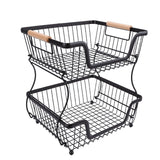 2 Tier Fruit Basket for Kitchen Counter Countertop Metal Bread Basket with Wooden Handle for Vegetables Snacks Eggs Black