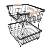 2 Tier Fruit Basket for Kitchen Counter Countertop Metal Bread Basket with Wooden Handle for Vegetables Snacks Eggs Black