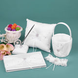 5pcs/set White Wedding Supplies Satin Flower Girl Basket + Ring Bearer Pillow + Guest Book + Pen Holder + Bride Garter Set In Australia - Darrahopens