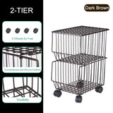 Movable Iron Storage Shelf 2 Layer Tier Drying Mesh Basket Metal Rack with Wheels Storing Fruit Vegetable Toys Space Saving Organizer for Kitchen Living Room Table