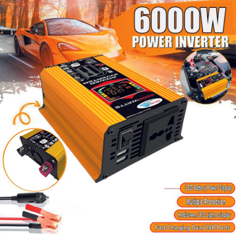 Modified Sine Wave Inverter High Frequency 6000W Power Watt Power Inverter DC 12V to AC 110V Converter Car Power Charger Inverter with 2.1A Dual USB Port Battery Clips Car Cigarette Plug LCD Display Screen