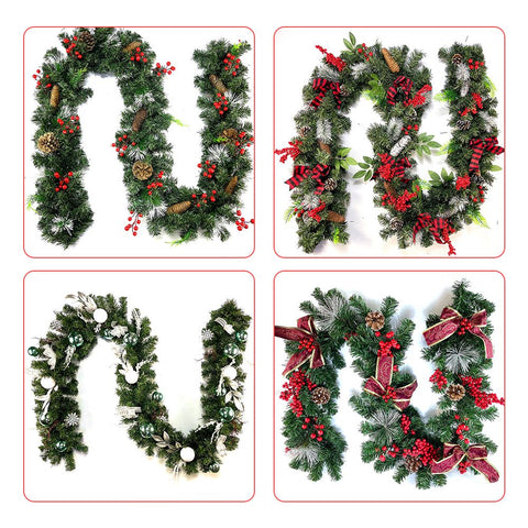 9 FT Long Christmas Garland Flexible PVC Hanging Pendant Artificial Christmas Garlands with Bowknot for Stairs Railing Fireplace Front Porch Door Tree Holiday Party Supplies