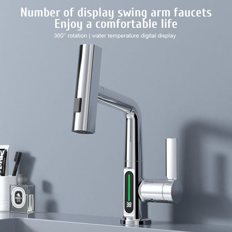 Kitchen Faucet with Pull Down Sprayer LED Temperature Display Adjustable Height and 360 Degrees Swivel 3 Modes Single-Handle Stainless Steel Pull-Out Basin Mixer Tap In Australia - Darrahopens