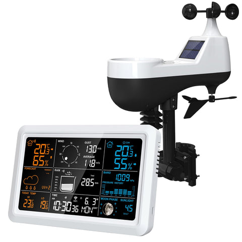 Weather Station with Rain Gauge and Wind Gauge Wireless Indoor Outdoor 5 IN 1 Digital Weather Forecast Humidity Moon Phase Sunlight Temperature Thermometer with Solar Powered Outdoor Sensor for Home