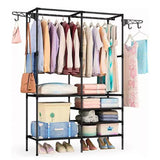 Double Rod Clothes Rack with 6 Storage Shelves Durable Steel Pipe Garment Rack Clothing Rack with 2 Extended Pendant Hooks for Entryway Corner Bedroom In Australia - Darrahopens