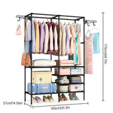 Double Rod Clothes Rack with 6 Storage Shelves Durable Steel Pipe Garment Rack Clothing Rack with 2 Extended Pendant Hooks for Entryway Corner Bedroom