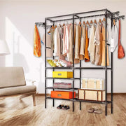 Double Rod Clothes Rack with 6 Storage Shelves Durable Steel Pipe Garment Rack Clothing Rack with 2 Extended Pendant Hooks for Entryway Corner Bedroom