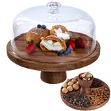 Cake Stand with Lid Multi-Functional Double Side Design 12in Round Cake Holder Wood 2-in-1 Dessert Table Display Set Charcuterie Board with Large Acrylic Cake Dome Cover for Cheese Fruit Platter