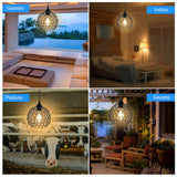 Retro Solar Powered Pendant Lamp, Dusk to Dawn Solar Chandelier, Dimmable ST64 Glass Bulb, Indoor Outdoor Hanging Lights, with Remote Control, Timer Function, Hollow Metal Lampshade