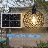 Retro Solar Powered Pendant Lamp, Dusk to Dawn Solar Chandelier, Dimmable ST64 Glass Bulb, Indoor Outdoor Hanging Lights, with Remote Control, Timer Function, Hollow Metal Lampshade