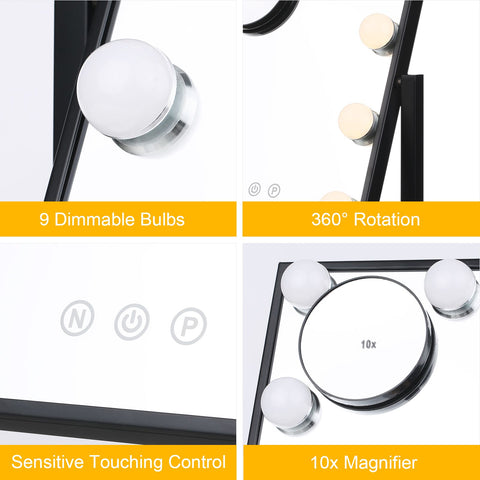 Vanity Makeup Mirror with 9 Light Bulbs Touching Control 3 Color Lighting Modes Dimmable Lighted Mirror with Detachable 10x Magnification for Dressing Table Studios In Australia - Darrahopens