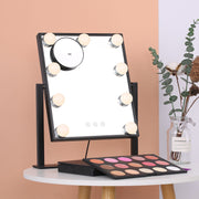 Vanity Makeup Mirror with 9 Light Bulbs Touching Control 3 Color Lighting Modes Dimmable Lighted Mirror with Detachable 10x Magnification for Dressing Table Studios