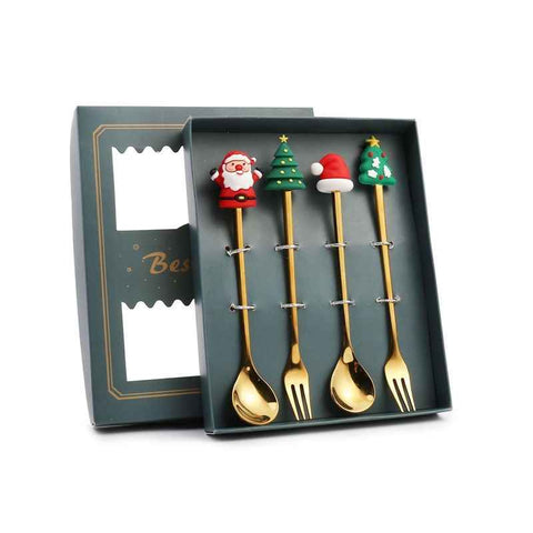 4PCS Christmas Spoon Fork Set Stainless Steel Santa Christmas Tree Shaped Decor Tableware for Home Dinner with Green Box