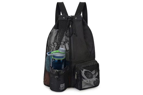 Mesh Beach Backpack with Wet Pocket Drawstring Waterproof Swimming Gym Bag for Men Women - Black
