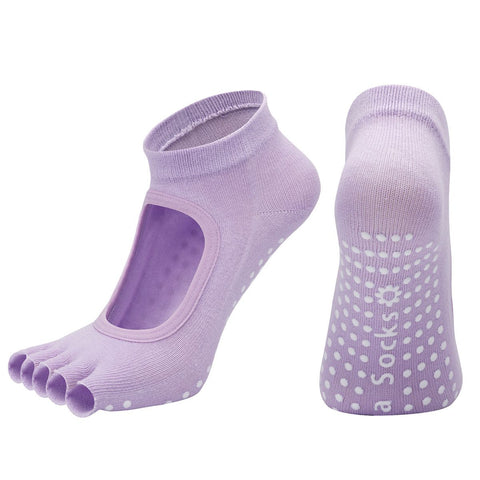 Women's Non Slip Yoga Socks Open Toe Five Finger Grip Socks Combed Cotton Pilates Dance Fitness Socks - Purple