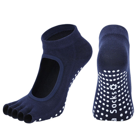 Women's Non Slip Yoga Socks Open Toe Five Finger Grip Socks Combed Cotton Pilates Dance Fitness Socks - Navy Blue In Australia - Darrahopens