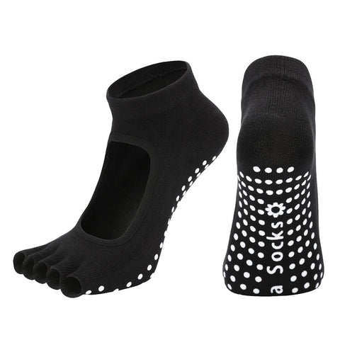 Women's Non Slip Yoga Socks Open Toe Five Finger Grip Socks Combed Cotton Pilates Dance Fitness Socks - Black In Australia - Darrahopens