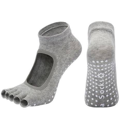 Women's Non Slip Yoga Socks Open Toe Five Finger Grip Socks Combed Cotton Pilates Dance Fitness Socks - Gray In Australia - Darrahopens
