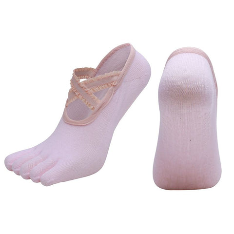 Women's Lace Trim Five Toe Yoga Socks Non Slip Grip Socks Pilates Dance Ballet Fitness Exercise Socks - Pink In Australia - Darrahopens