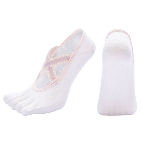 Women's Lace Trim Five Toe Yoga Socks Non Slip Grip Socks Pilates Dance Ballet Fitness Exercise Socks - White