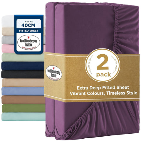 2000TC Hotel Quality Fitted Sheets - 2 Piece Fitted Sheets  -Breathable Bedding - Wrinkle, Fade, Stain Resistant- 16inch/40cm Deep Pocket Fitted Bed Sheets-Wrinkle and Fade Resistant,(Purple,Double) In Australia - Darrahopens