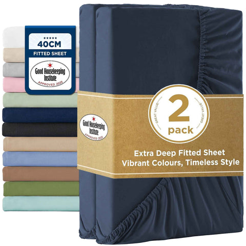 2000TC Hotel Quality Fitted Sheets - 2 Piece Fitted Sheets  -Breathable Bedding - Wrinkle, Fade, Stain Resistant- 16inch/40cm Deep Pocket Fitted Bed Sheets-Wrinkle and Fade Resistant,(Navy,King) In Australia - Darrahopens