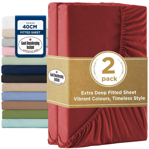 2000TC Hotel Quality Fitted Sheets - 2 Piece Fitted Sheets  -Breathable Bedding - Wrinkle, Fade, Stain Resistant- 16inch/40cm Deep Pocket Fitted Bed Sheets-Wrinkle and Fade Resistant,(Red,Queen) In Australia - Darrahopens