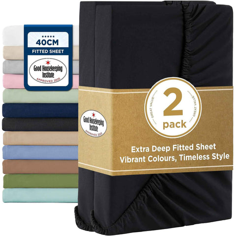 2000TC Hotel Quality Fitted Sheets - 2 Piece Fitted Sheets  -Breathable Bedding - Wrinkle, Fade, Stain Resistant- 16inch/40cm Deep Pocket Fitted Bed Sheets-Wrinkle and Fade Resistant,(Black,Queen) In Australia - Darrahopens