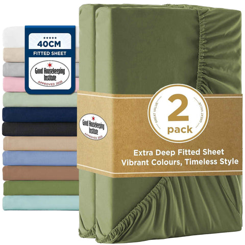 2000TC Hotel Quality Fitted Sheets - 2 Piece Fitted Sheets  -Breathable Bedding - Wrinkle, Fade, Stain Resistant- 16inch/40cm Deep Pocket Fitted Bed Sheets-Wrinkle and Fade Resistant,(Olive green,Queen) In Australia - Darrahopens