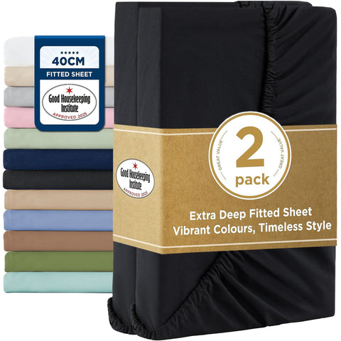 2000TC Hotel Quality Fitted Sheets - 2 Piece Fitted Sheets  -Breathable Bedding - Wrinkle, Fade, Stain Resistant- 16inch/40cm Deep Pocket Fitted Bed Sheets-Wrinkle and Fade Resistant,(Black,Single) In Australia - Darrahopens