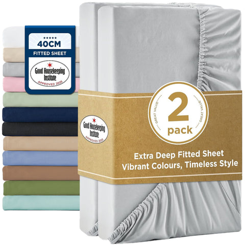 2000TC Hotel Quality Fitted Sheets - 2 Piece Fitted Sheets  -Breathable Bedding - Wrinkle, Fade, Stain Resistant- 16inch/40cm Deep Pocket Fitted Bed Sheets-Wrinkle and Fade Resistant,(Silver-gray,Single) In Australia - Darrahopens