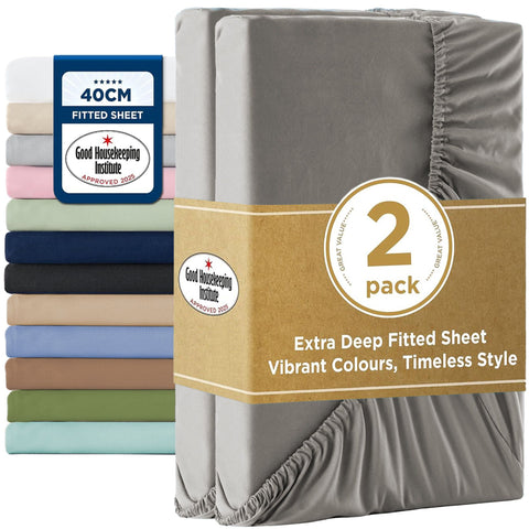 2000TC Hotel Quality Fitted Sheets - 2 Piece Fitted Sheets  -Breathable Bedding - Wrinkle, Fade, Stain Resistant- 16inch/40cm Deep Pocket Fitted Bed Sheets-Wrinkle and Fade Resistant,(Grey,Super King) In Australia - Darrahopens