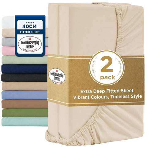 2000TC Hotel Quality Fitted Sheets - 2 Piece Fitted Sheets  -Breathable Bedding - Wrinkle, Fade, Stain Resistant- 16inch/40cm Deep Pocket Fitted Bed Sheets-Wrinkle and Fade Resistant,(Cream White,Super King) In Australia - Darrahopens