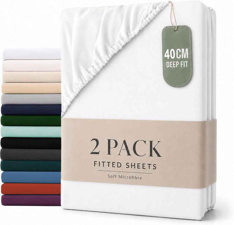 Hotel Quality Fitted sheets - 2 Piece Fitted sheets  -Breathable Bedding - Wrinkle, Fade, Stain Resistant- 26inch/40cm Deep Pocket Fitted Bed Sheet-Wrinkle and Fade Resistant,(White,Double)