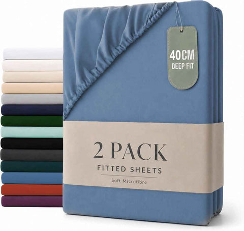 Hotel Quality Fitted sheets - 2 Piece Fitted sheets  -Breathable Bedding - Wrinkle, Fade, Stain Resistant- 26inch/40cm Deep Pocket Fitted Bed Sheet-Wrinkle and Fade Resistant,(Ocean,Queen)