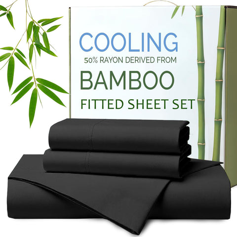 Hotel Breathable Bamboo Fitted Sheet & Pillowcase-3 Piece-Ultra Soft 2000TC Breathable Fitted Bed Sheets Set with 37 Centimetre Deep Pocket-Cooling Sheets for Hot Sleepers(Black,Queen)