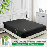 Hotel Breathable Bamboo Fitted Sheet & Pillowcase-3 Piece-Ultra Soft 2000TC Breathable Fitted Bed Sheets Set with 40 Centimetre Deep Pocket-Cooling Sheets for Hot Sleepers(Black,Super King)
