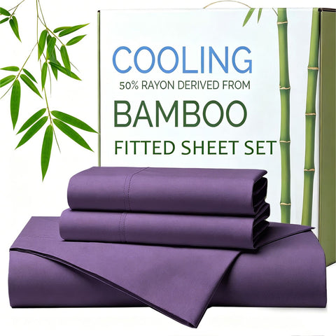 Hotel Breathable Bamboo Fitted Sheet & Pillowcase-3 Piece-Ultra Soft 2000TC Breathable Fitted Bed Sheets Set with 40 Centimetre Deep Pocket-Cooling Sheets for Hot Sleepers(Purple,Super King)