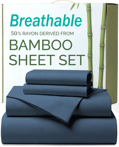 4 Piece Ultra Soft Bamboo Breathable Sheet Set -Hotel 2000TC Breathable Bed Sheets Set with 40 Centimetre Deep Pocket-Breathable Sheets for Hot Sleepers(Navy,Super King)