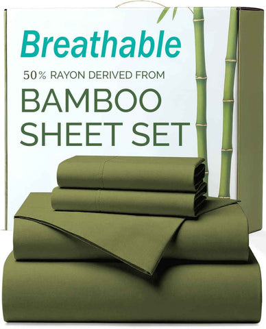 4 Piece Ultra Soft Bamboo Breathable Sheet Set -Hotel 2000TC Breathable Bed Sheets Set with 40 Centimetre Deep Pocket-Breathable Sheets for Hot Sleepers(Olive green,Super King) In Australia - Darrahopens