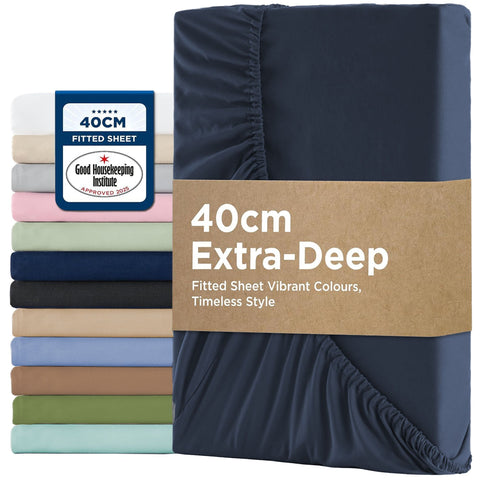 2000TC Hotel Quality Fitted Sheets - 2 Piece Fitted Sheets  -Breathable Bedding - Wrinkle, Fade, Stain Resistant- 16inch/40cm Deep Pocket Fitted Bed Sheets-Wrinkle and Fade Resistant,(Navy,Double)