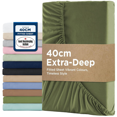 2000TC Hotel Quality Fitted Sheets - 2 Piece Fitted Sheets  -Breathable Bedding - Wrinkle, Fade, Stain Resistant- 16inch/40cm Deep Pocket Fitted Bed Sheets-Wrinkle and Fade Resistant,(Olive green,King Single)