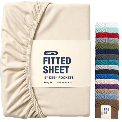 Hotel Quality Fitted Sheet - 1 Piece Fitted Sheet  -Breathable Bedding - Wrinkle, Fade, Stain Resistant- 16inch/40cm Deep Pocket Fitted Bed Sheet-Wrinkle and Fade Resistant,(Cream White,Double)